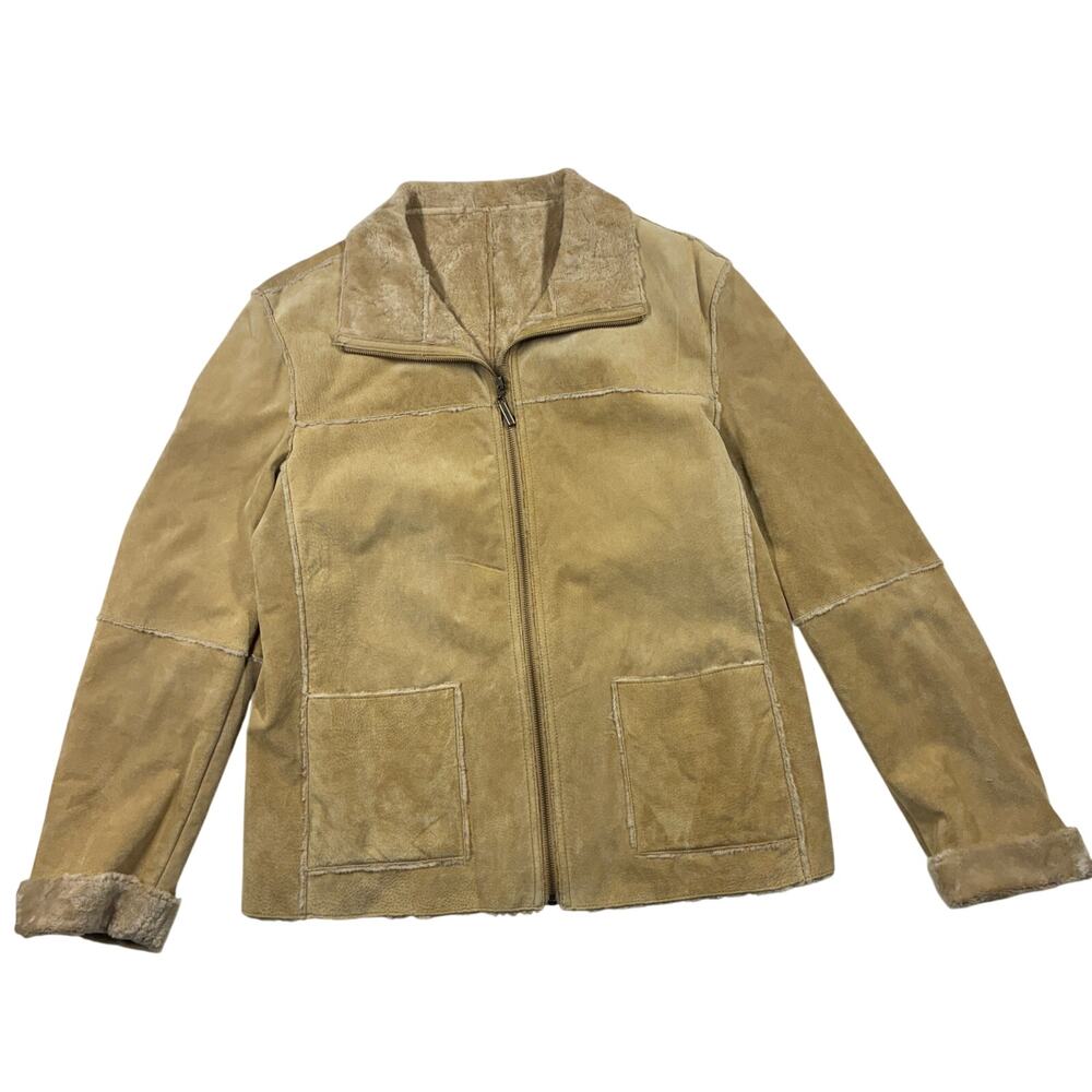 Vintage Winlit Jacket Womens Large Tan Suede Leather Faux Fur Lined Western Coat